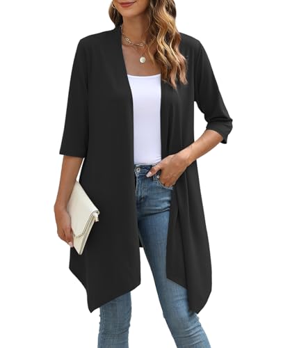 Women's Open Front Cardigan Lightweight Soft Knit 3/4 Sleeve High-Low Draped Hem Loose Casual Duster