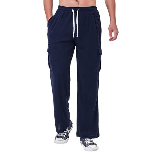 Men Corduroy Pants Baggy Drawstring Cargo High Waisted Multi Pockets Cargo Sweatpants for Men Casual Stretch Fashion Comfy Wide Leg Tactical Fall Relaxed Fit Trouser Navy XXXL