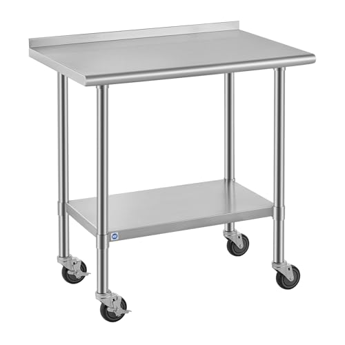 Image of ROCKPOINT All Stainless Steel Prep Table with Caster & Backsplash 24x36 Inch,Commercial Heavy Duty Workbench with Stainless Legs & Adjustable Undershelf,750 lb Capacity for Outdoor Kitchens with Wheel