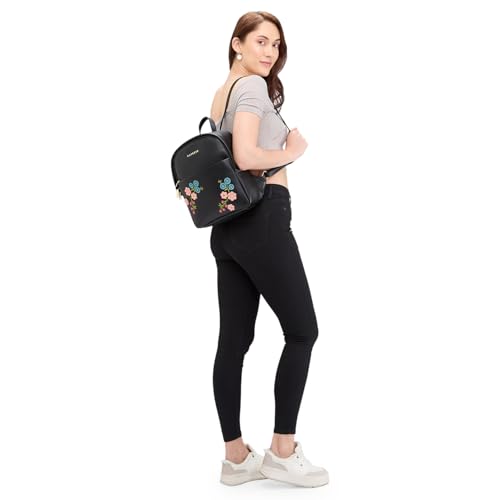 Image of Caprese Erica Casual Backpack, Medium | Floral Embroidered Backpack for Women with Adjustable Shoulder Strap & Secure Zip Closure | Spacious, Versatile for Everyday Outings and Travel