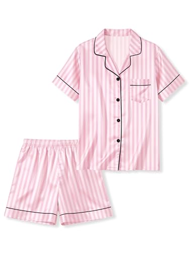 LANKMEI Girls & Boys Satin 2Pcs Short Sleeve Pajamas Set | Luxury Silky Breathable & Soft Button Top & Shorts Set Elastic Waist Ideal for sleepovers summertravel & daily comfort product thumbnail 20