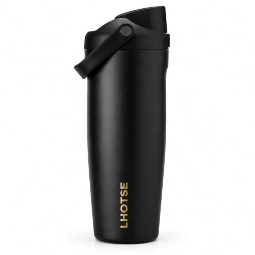 Image of LHOTSE Gym Water Bottle 30oz - Leak Proof Lock Lid, Matte Metallic Finish, Carry Handle, Durable Stainless Steel, Perfect for Workout & Sports (Midnight Black, 900 ML)