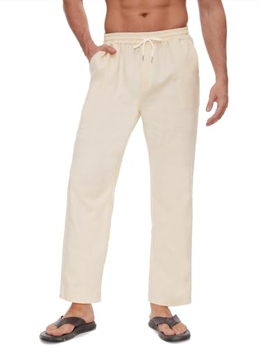 Yutdeng Pantaloni Casual Lunghi da Uomo in Lino e Cotone Estivi Leggeri Pantaloni Gamba Larga con Coulisse e Tre Tasche Pantaloni Elasticizzati per Yoga Spiaggia,Beige,S