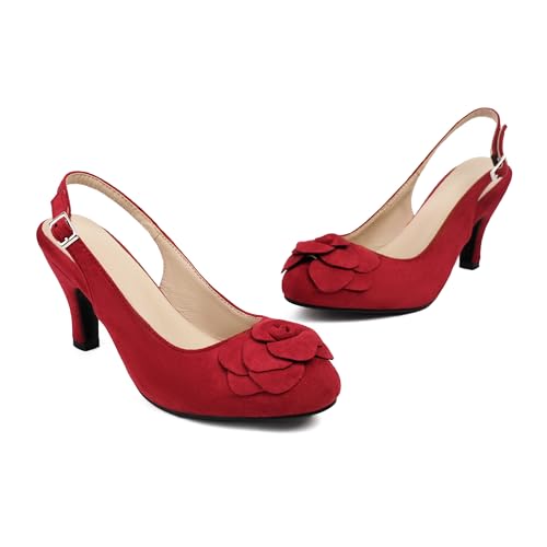Elerhythm Women's Mary Jane Vintage Slingback Adjustable Strap Flower Close Toe 1920s Gatsby Heels Retro 1950s Victorian Pumps Suede Shoes2