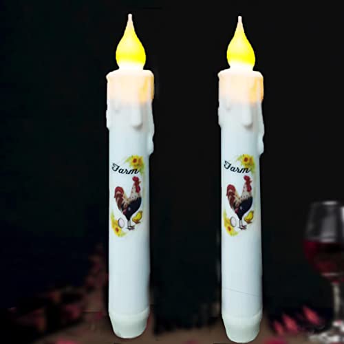 Battery Operated Primitive Flameless Taper Candle 675 Rooster Sunflower Candlestick Dripless LED Flickering Flame for Christmas Home Decor