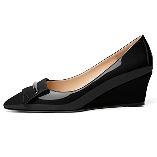 Eldof Low Wedge Heels for Women Pointed Toe Slip On Wedge Pumps with Bow 2 Inches Dress Shoes for Party Wedding Evening2