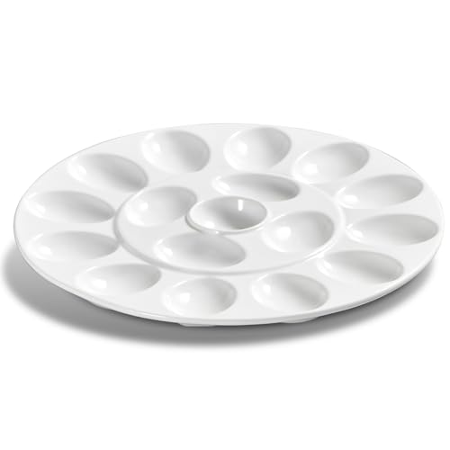 ONEMORE Deviled Egg Platter Tray Ceramic Egg Holder Round Egg Dish Plate 17-Cup Egg Container for Party Display - Microwave & Freezer Safe - 11.5 inch, White ONEMORE Deviled Egg Platter Tray Ceramic Egg Holder Round Egg Dish Plate 17-Cup Egg Container for Party Display - Microwave & Freezer Safe - 11.5 inch, White