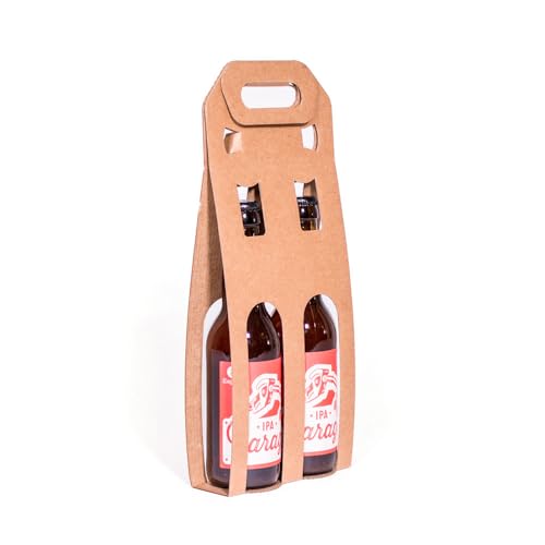 Pack 25 unidades - Expositor 2 botellas de cerveza - color marrón. Portabotellas de cartón. Esuche para botellas ideal tamaño 33cl con ventana troquelada y asa. Caja cartón para cervezas