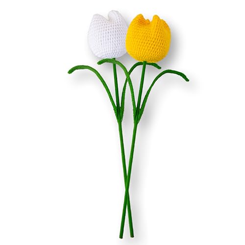 Image of Tulip Crochet Flowers | Handcrafted Artificial Faux Woolen Flower with Long Stem | Natural Looking Knitted Flower for Home, Living Room, Vase & Bouquet Decoration & Gifting | White & Yellow