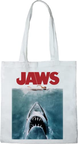 JAWS Cotton Division Officiel Thème imprimé 100% coton |Réutilisable | Longue poignée | Voyages et achats |Sac fourre-tout 38 * 40 CM, Amity_White_1, Taille unique