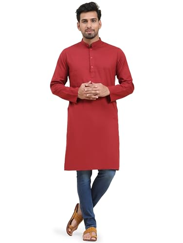 Image of SKAVIJ Men's Cotton Kurta Casual Long Shirt Regular Fit (XX-Large, Red)