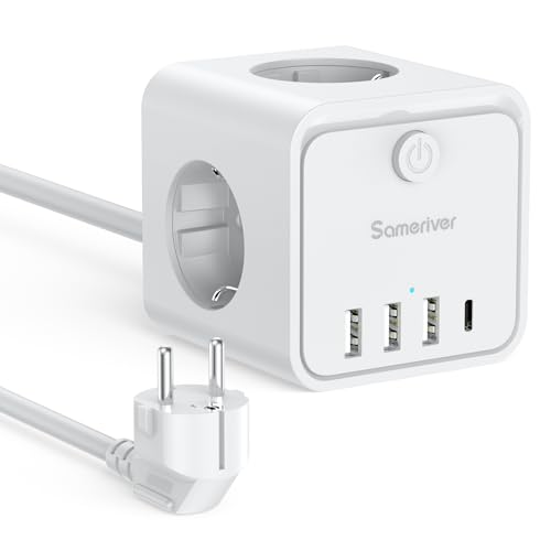 Sameriver Cubo Regleta Enchufes 2M con Enchufe Plano Regleta para Uso Interior, Regleta Enchufes Plano con 3 Tomas de AC, 3 USB y 1 Tipo C para Familia, Cocina y Oficina,Blanco