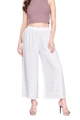 Image of VIVIKA Chikankari Palazzo Pants for Women |Rayon Wide Leg Ethnic Palazo with Embroidery | Comfortable Elastic Waist Women's Palazzo for Casual, Festive & Office Wear