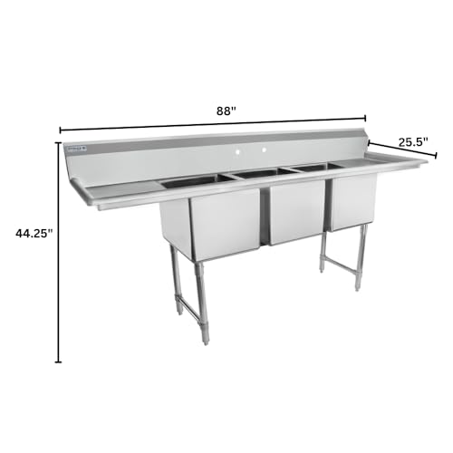 Image of Empura 88 inch Wide Stainless Steel Three Compartment Commercial Sink | Prep Utility 16 inch x 20 inch Bowl for Restaurant Laundry | (2) 18 inch Drainboard, 9.75 inch Backsplash, 88 inchW x 25.5 inchD x 44.25 inchH, 16 Gauge, NSF