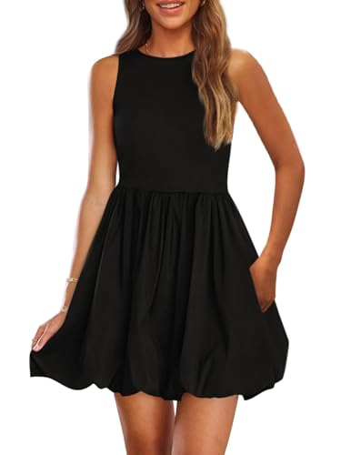 PRETTYGARDEN Summer Dresses for Women 2025 Casual Sleeveless Tank Mini Short Dress Crew Neck Bubble Sundress with Pockets (Black,Medium)