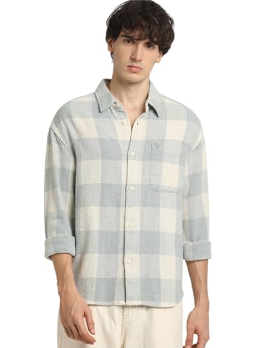 Image of THE BEAR HOUSE Men's Grey Checked Slim Fit Cotton Casual Shirt