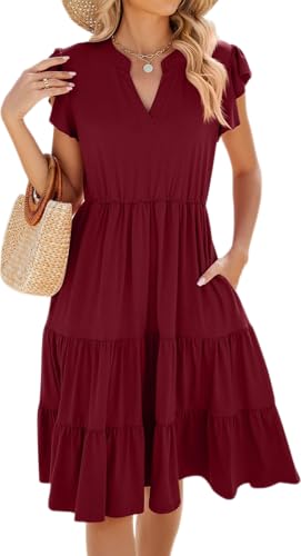 Image of Womens Summer Dress Ruffle Sleeve V Neck Midi Dresses Casual Fit Flowy Tiered Boho Beach Vacation Sundress