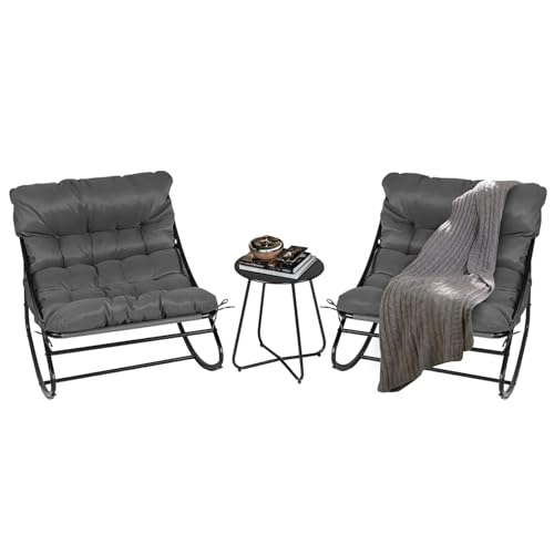 Bonnlo Sillón Mecedora Set de 2 con Mesa Auxiliar, Sillones Mecedora Papasan de Exterior con Cojines Gruesos, para Jardín y Terraza, Gris