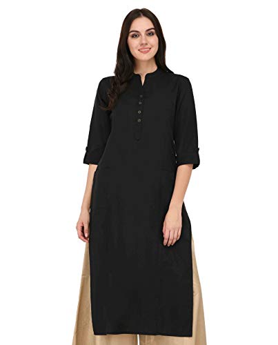 Image of Pistaa's Women's Cotton Relaxed Fit Straight Solid Kurta With Two Patch Pockets