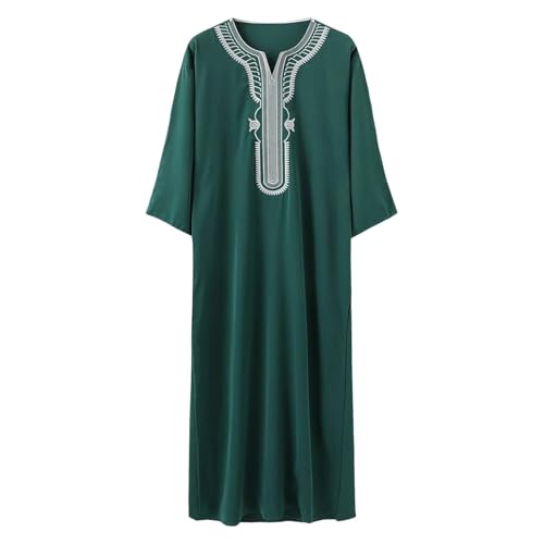 Men's Muslim Clothes V-Neck Short Sleeve Plus Size Thobe Kaftan Loose Casual Solid Color Breathable Soft (Green, XXXXL)