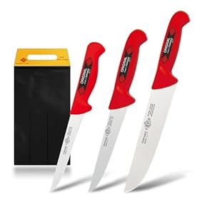 Solingen Butcher Knife Set, Slaughter Knife Set, 3-Piece Professional Knife Set Made of Molybdenum Steel, 1.4116, Ice-Hardened with Non-Slip Handle (Red), Made In Germany