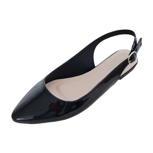 Womens Patent Leather Pointed Toe Slingback Flat Pumps Classic Backless Ankle Strap Closed Toe Low Heeled Dress Shoes for Part Wedding Prom Date