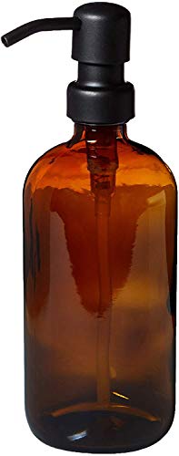 Amber Glass soap Dispenser Bottle with Matte Black Industrial Quality Metal Pump and Non Slip Coaster - Brown Glass 16oz - Thumbnail 4