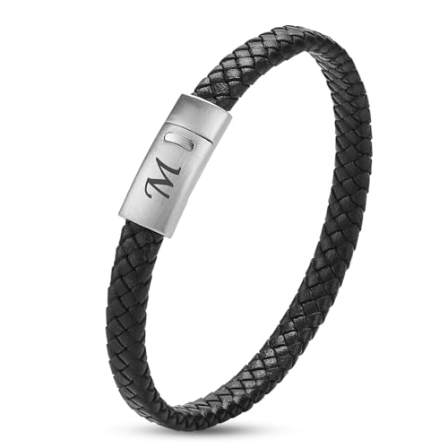 SHIEAGLELD Pulsera de cuero para hombre con iniciales de la A a la Z, pulsera de cuero trenzado con cierre magnético de acero inoxidable grabado, Joyero Exclusivo, la Idea de Regalos para Hombres