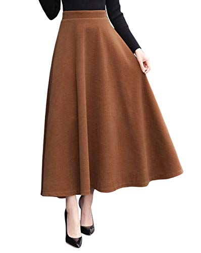 CHARTOU Women's Stretchy High Waist Woolen Flared A Line Swing Maxi Long Skirt (X-Large, Caramel)