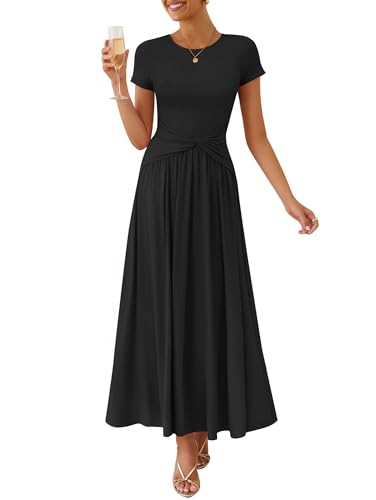 ZESICA Women's 2026 Summer Short Sleeve Maxi Dresses Twist Front Wedding Guest Cocktail Flowy A Line Long Dress Black Large