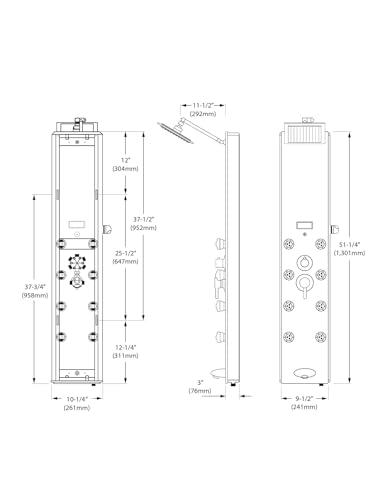 Image of Blue Ocean 52 inch Aluminum SPA392M Shower Panel Tower System with Rainfall Shower Head and 8 Adjustable Massage Jets