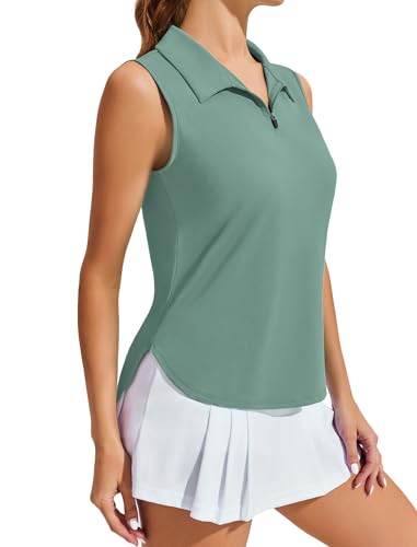Image of PINSPARK Women Golf Shirts Sleeveless UPF 50+ Tennis Polo V-Neck Quick Dry Athletic T Shirt 1 /4 Zip Collar Workout Tank Top