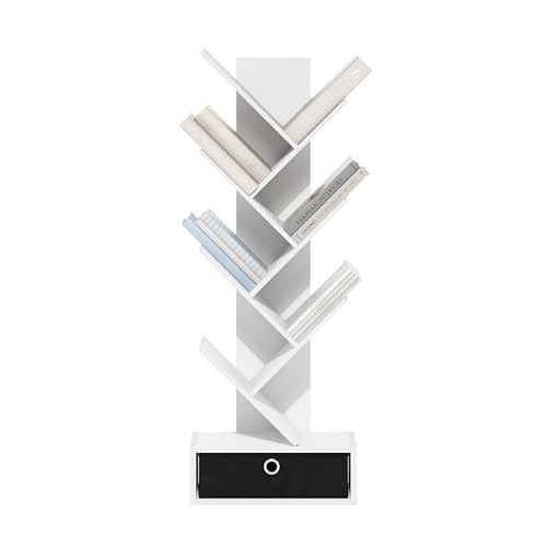 Image of Furinno Tree Book Shelf, 7-Tier Bookshelf, Tree Bookcase with Bin Drawer, 8.4 x 16.9 x 46.2, for Living Room, Bedroom, Home Office, White /Black