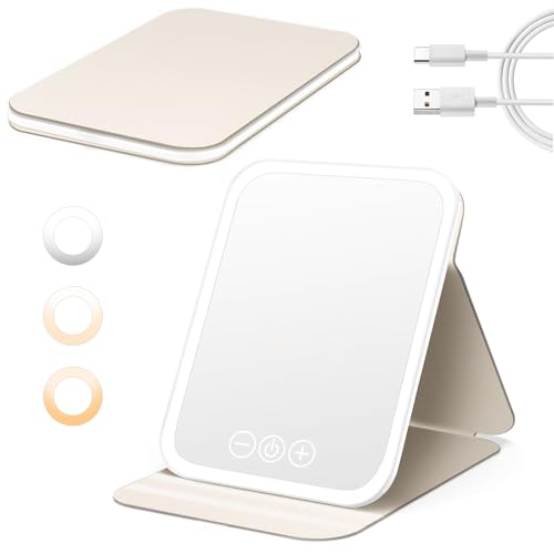 NXPZ Miroir de Maquillage Lumineux Portable, Rechargeable, Pliable, 3 Couleurs de Lumière, Luminosité Réglable, Fonction Mémoire, Idéal pour Voyage et...