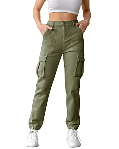 Womens Casual High Waisted Jogger Cargo Pants with Pockets, Women's Cargo Lightweight Hiking Joggers Pants, Green, Small