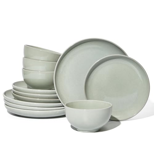 Image of Pokini Santorini Mist Terracotta Reactive Glaze Plates and Bowls Sets, Stoneware Dinnerware Sets, Microwave and Dishwasher Safe Ceramic Dish Set Service for 4, Slate Green