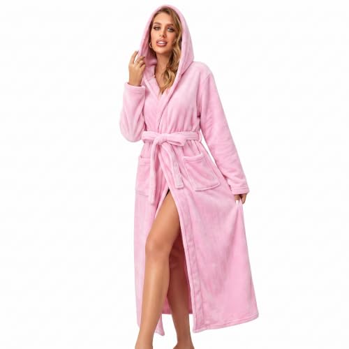 Image of RONGTAI Womens Robes Plush Fleece Hooded Bathrobe Thick Nightgown with Pockets Fluffy Sleepwear