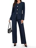 Casly Lamiit Womens Suits 2 Piece Set Business Casual Blazer Dressy Work Wide Leg Pants Crew Neck Button Down Office Formal Outfits Navy Blue M