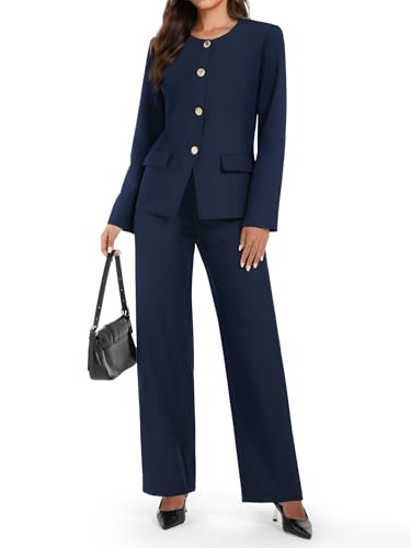 Women's 2 Piece Business Casual Outfits Crew Neck Button Down Blazer Wide Leg Dressy Pants Suit Sets