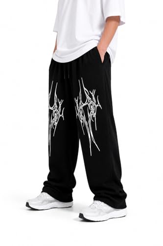 Image of Black Sweatpant with White Tribal Graphic Print, Wide Leg, Drawstring Waist