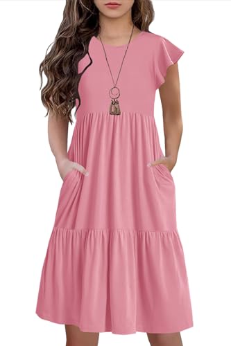 Image of HOSIKA Girls Summer Dress Boho Casual Flowy Tiered Midi Dress with Pockets | 6-12Y, Cute Basic Style, Solid Color, Crew Neck, Ruffle Short Sleeve, Suit for home, beach, school, daily wear