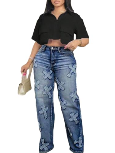 high Waisted Jeans for Women Casual Vintage Waisted Wide Sexy Straight Leg for X Embroidery Bule Leg Jeans2