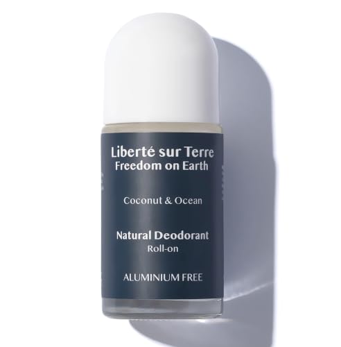 Freedom on Earth Natural Deodorant Roll-On Coconut & Ocean - Aluminium Free 24hr Protection Glass Bottle - Vegan & Cruelty Free Gentle Formula 100% Recyclable for Men & Women