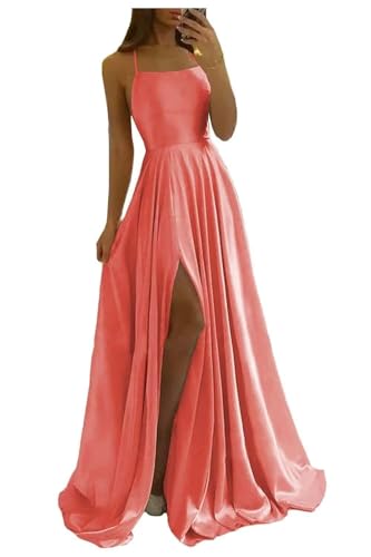 Image of Women Long Formal Dress Solid Satin Spaghetti Straps A Line Evening Cocktail Dresses with Slit