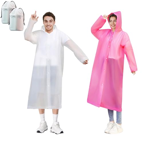 Baogaier Reutilizable Adulto Chubasquero, 2 pcs Poncho de Lluvia Impermeable, Ligero Poncho Chubasqueros Unisex Impermeable para Festival Trekking Aire Libre, Bianco e rosa