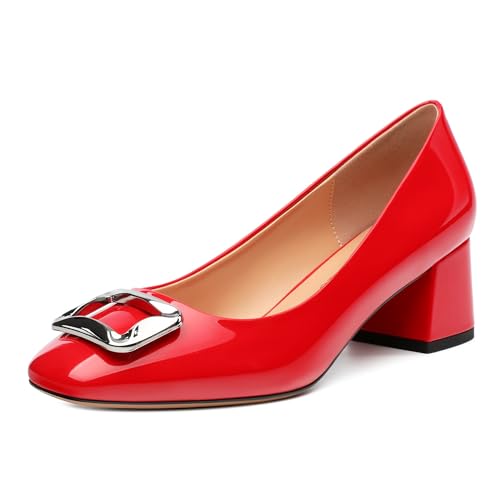Women's Pumps Square Closed Toe Chunky Low Heels Metal Buckle Low Heel Pumps Shoes Comfortable Slip On Office Dress Shoes 2 Inch
