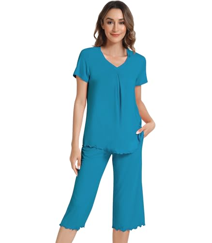 Image of NACHILA Women's Pajama Sets Cooling Bamboo Viscose V-Neck Top & Capri Pants