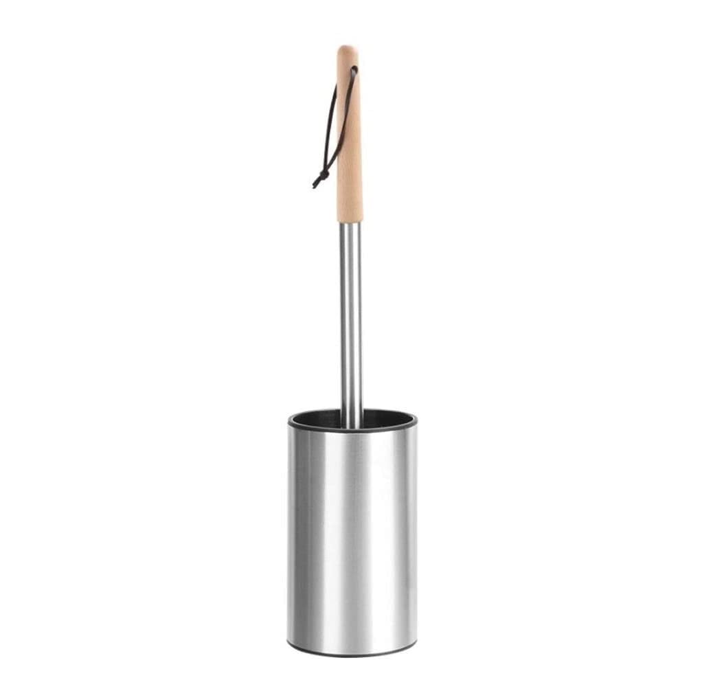 Toilet Cleaner Brush Stainless Steel Toilet Brush Holder Free Standing Brush,Toilet Brush Set Bathroom WC Long Handle Loo Brush Scrubber Brush for Bathroom(Chrome) (Wooden Handle)