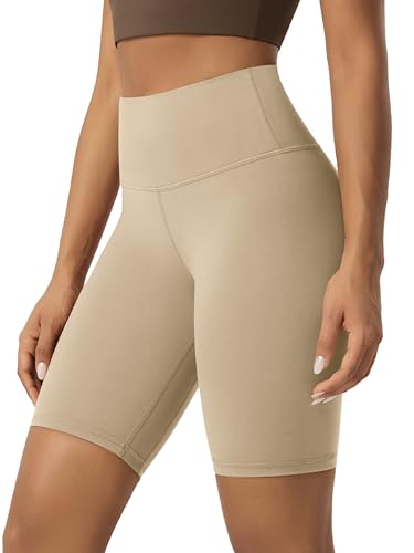 ODODOS Tummy Control Compression Shorts for Women, 8' Inseam High Waist Workout Biker Shorts with Inner Pocket, Beige, Medium