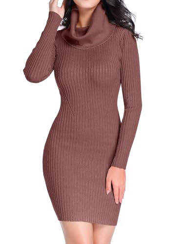 Image of v28 Sweater Dress for Women Ribbed Knit Fitted midi Sexy Fall Winter Bodycon Cowl Neck Dresses